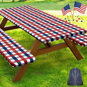 lot 12422 image: Smiry Picnic Table Cover with Bench Covers, Waterproof Elastic Fitted Tablecloths for 5 Foot Rectangle Tables, Washable Buffalo Plaid Tablecloth for Camping, Outdoor (Red & Blue, 30x60)