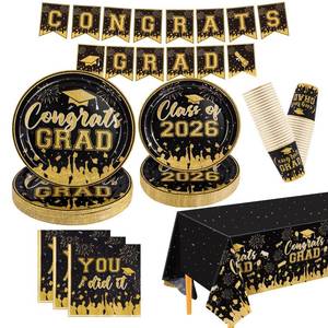lot 12426 image: NatNarr Black and Gold Graduation Decorations 2026 Include Class Of 2026 Graduation Plates Napkins Cups Tablecloth Congrats Grad Banner for Middle College High School, 25 Guest