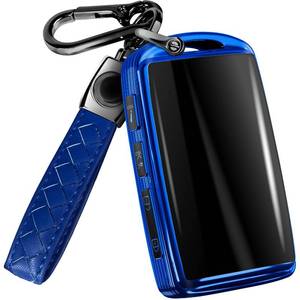 lot 12449 image: Lucrum for Mazda CX5 Key Fob Cover and Leather Keychain - TPU Key Case for Mazda 3, 6, CX-5, CX-9, CX-30, CX-50, CX-70-2019-2025 Keyfob Cover Compatible with WAZSKE11D0 - Blue and Black