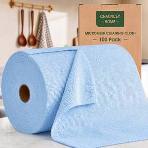 lot 17360 image: CHAUNCEY HOME Microfiber Cleaning Cloth Roll - 100 Pack Tear Away Microfiber Paper Towels, Reusable, Washable, Scratch-Free, Kitchen Towels for Car, Home, Kitchen, Glass, Dishes (Blue)
