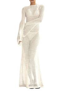 lot 18361 image: (Size S) Saodimallsu Womens Crochet Cover Ups Long Sleeve Sexy Mesh Backless Knit Swimsuit Coverup Beach Maxi Dress Beige