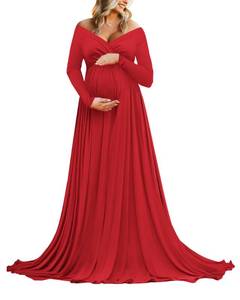 lot 18380 image: Saslax Maternity Off Shoulders Long Sleeve Half Circle Gown for Baby Shower Photo Props Dress Red 83 Small