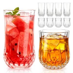 lot 19028 image: Ruckae Drinking Glasses Set of 8,11 oz and 7 oz Kitchen Water Glass Cups Set,Clear Curvature Glassware Dishwasher Safe,Mixed Drinkware for Beer,Juice,Cocktail,Whiskey,Milk and Various Mixed Drinks