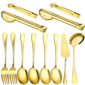 lot 19044 image: 12 Pcs Gold Serving Utensils Set Include Stainless Steel Large Serving Spoons Slotted Spoons Forks Soup Ladle Pie Server - Metal Utensils for Parties Buffet Catering, Dishwasher Safe (Open Box, May Be Missing Pieces)
