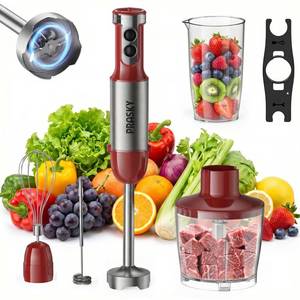 lot 19968 image: Immersion Blender Handheld 1200W, 5-in-1 Hand Blenders, 20 Speeds Hand Mixer, Stainless Steel Blades, Milk Frother Wand, Whisk, Beaker, Suitable for Kitchen, Protein Shakes and Baby Food (Red)