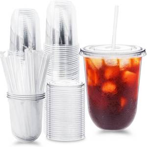 lot 19973 image: Alaeseje 50 Pack Clear Plastic Cups with Lids and Straws,16 oz Disposable Iced Coffee Cups,PET Crystal Cups,Round Bottom To Go Cup for Iced Coffee Juice Smoothie Cold Beverage (Open Box, May Be Missing Pieces)