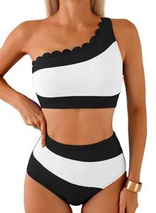 lot 20150 image: Herseas Womens One Shoulder Petal Edges Two Piece Black Bikini Sets Color Block Wide Strap Swimsuits High Waisted Bathing Suits Casual Resort Outfits 2026 Summer X-Large