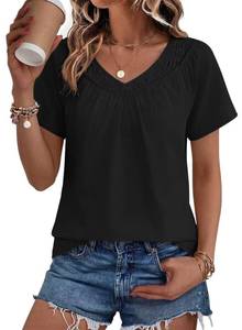 lot 20207 image: Falechay Womens Shirts Loose Fit Pleated Babydoll Blouses V Neck Pintuck Sleeve Shirt Elegant Comfort Fit Summer Fashion Clothes Peasant Tunic Top Black L