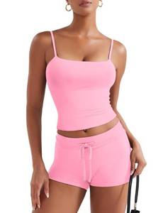 lot 20228 image: YEOREO Womens 2 Piece Lounge Sets Tank Tops Cami Shorts Matching Sets Summer Outfits Elastic Waist Built-in Bra Baby Pink L
