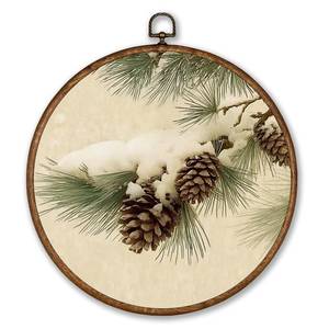 lot 20231 image: Voxitura Winter Snowy Pine Cone Branches Wall Art Round Framed, Vintage Christmas Snowy Snow Tree Wall Decor Canvas Hanging Living Room, Rustic Beige Prints Artwork Decorations for Bedroom 10x10in (Frame Slightly Bent)