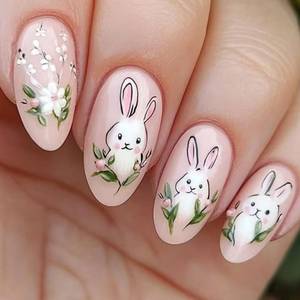 lot 20242 image: 24Pcs Easter Press on Nails Short Fake Nails with Cute Rabbit Designs Spring Flower Acrylic False Nail White Bunny Nail Tips Full Cover Oval Shape Glue on Nails Easter Manicure Decorations for Women