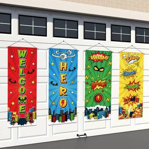 lot 20273 image: Panelee 4 Pcs Hero Theme Party Banners Hero Party Decorations City Comic Skyline Porch Sign Hanging Door Banner for Cityscape Birthday Backdrop Supplies