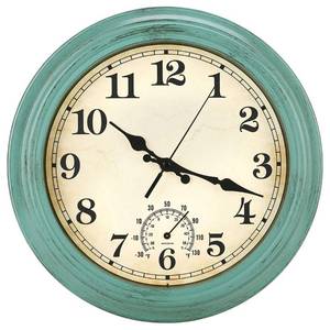 lot 20299 image: 12 Inch IndoorOutdoor Retro Waterproof Wall Clock with Thermometer,Vintage Battery Operated Silent Non Ticking Quartz Clock Wall Decorative for KitchenBedroomLiving RoomBathroomPatio-Olive green (Minor Cosmetic Damage)