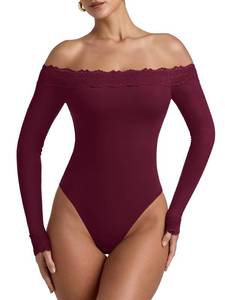 lot 20303 image: REORIA Womens Sexy Off the Shoulder Long Sleeve Bodysuit Double Lined Layering Lace Body Suits Going Out Tops Fall Outfit 2025 Cordovan Small