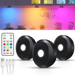 lot 20308 image: WILLED RGB Under Cabinet Lights,Rechargeable Puck Lights with Remote Control, Wireless Push Light with Timer Function,Dimmable LED Touch Tap Light for Kitchen,Cabinet,Closet, Counter,3 Pack
