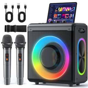 lot 1003 image: Karaoke Machine with 2 Wireless Rechargeable Microphones Portable Bluetooth Speaker for Adults and Kids - PA System with Lights Supports TWSTF CardUSBAUX for Home Party