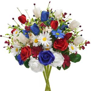 lot 1004 image: Succwoah 4PCS Patriotic Artificial Flowers Mixed Bush Red White Blue Rose Tulip Flowers Memorial Day Flower Bouquet for 4th of July Independence Day Grave Home Table Decoration