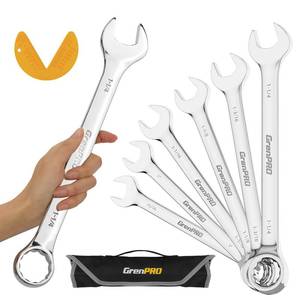lot 1014 image: GRENPRO SAE Wrench Set, Large Wrench Set, 7-Piece 1516in, 1in, 1-116in, 1-18in, 1-316in, 1-14in Long Big Open End Wrench Tools Set Roll Up Pouch Organizer with Gauge, 12 Point Combination Wrenches Sets