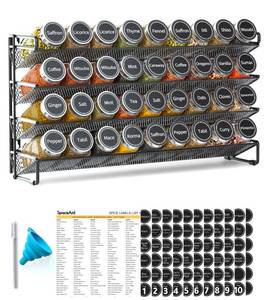 lot 1018 image: SpaceAid Spice Rack Organizer with 36 Spice Jars, 386 Spice Labels, Chalk Marker and Funnel Set for Cabinet, Countertop, Pantry, Cupboard or Door and Wall Mount - 36 Jars, 17.2in W  10.8in H, Black