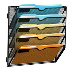 lot 1025 image: SUPEASY 5 Tier Wall File Organizer, Hanging Wall Mounted Mail Organizer with Label Slots, Metal Mesh File Holder Magazine Rack for Office, Home, School or Classroom, Black