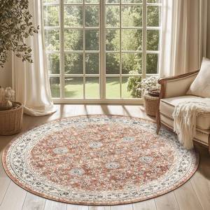 lot 1032 image: jinchan Round Rug 6ft Washable Circle Soft Rug - Low Pile Vintage 6ftRound Indoor Orange Floral Print Stain Resistant Boho Carpet Ultra-Thin Non-Slip for Living Room Nursery Bedroom Dining Room Kitchen