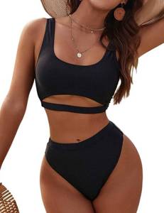 lot 2003 image: Blooming Jelly Womenfts High Waisted Bikini Sets Two Piece High Cut Bathing Suits Sporty Cut Out Crop Top Swimsuits(Large,Dark Black)