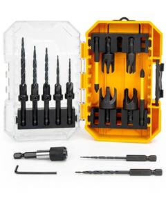 lot 2007 image: 16PCS Countersink Drill Bit Set, Adjustable Depth Tapered Drill Bits with 4 Wood Plug Cutters and 14in Hex Shank, Counter Sink Drill Bit for Wood with Storage Box