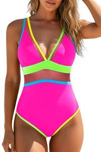 lot 2252 image: Daci Colorful Pink Womenfts One Piece Swimsuits Tummy Control - Neon Color Block Swimwear Sexy Mesh V Neck Athletic Bathing Suit 2026 S
