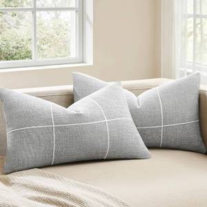 lot 2259 image: YZJZEDS 2 Packs Grid Embroidery Lumbar Throw Pillow Covers, 12x20 Inch Light Grey, Farmhouse Linen Decorative Grey Cushion Covers for Sofa Bed Living Room Home Decor