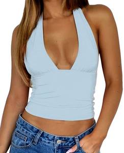 lot 2266 image: ForeFair Women Sexy Halter Deep V Neck Backless Crop Tank Top Open Back Sleeveless Slim Fit Y2k Summer Tops(Blue,S)