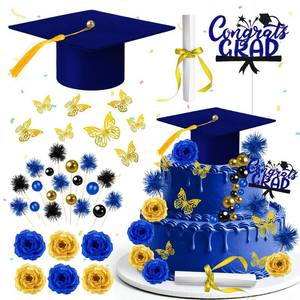 lot 2285 image: 39 Pcs Graduation Cake Kit Includes Felt Graduation Cap Topper with Tassel Firework, 3D Butterfly Decor Beads, Flowers Diploma Cake Decorations, Cake Topper for 2026 Graduate Party (Blue Gold)