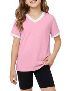 lot 2355 image: Poroka Girls Short Sleeve Shirt V-Neck Tee with Ribbed Trim Plain T-Shirts Soft Fashion Summer Tops for Girls, 7-14 Years Pink