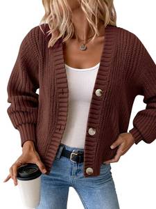 lot 2356 image: Women�s Chunky Knit Cardigan � Waffle Knit Button Down Oversized V Neck Fall Sweater for Casual Layering (US, Alpha, Medium, Regular, Regular, Coffee)