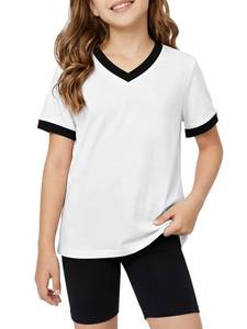 lot 2392 image: Poroka Girls Short Sleeve Shirt V-Neck Tee with Ribbed Trim Plain T-Shirts Soft Fashion Summer Tops for Girls, 7-14 Years White