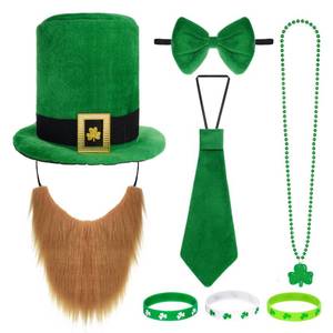 lot 2394 image: Marrywindix 8 Pcs St. Patrickfts Day Party Costume Set Hat Fake Beard Tie Bow Tie Necklace Bracelet Accessories Suit for Masquerade Parties