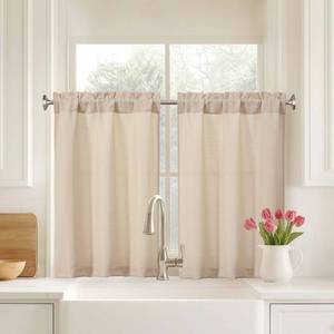 lot 2407 image: Ebesto Kitchen Curtains 36 Inch Length 2 Panels, Light Filtering Farmhouse Kitchen Curtains Tiers for Bathroom RV Camper, Dual Rod Pocket Small Window Curtain Over Sink, Linen Color, 2x30Wx36L Inches