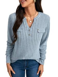 lot 2431 image: OPOIPIN Womenfts Long Sleeve Shirts Button V Neck Casual Pullover Sweaters Tunic Dusty Blue Large
