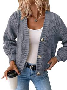 lot 2440 image: Women�s Chunky Knit Cardigan � Waffle Knit Button Down Oversized V Neck Fall Sweater for Casual Layering (US, Alpha, Medium, Regular, Regular, Grey)