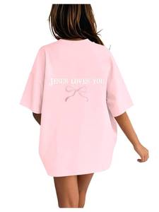 lot 2443 image: RoseSeek Girlfts Bow Leopard Graphic Tees Short Sleeve Preppy Summer T Shirt Aesthetic Baggy Tops Soft Pink 12Y