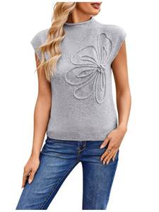 lot 2449 image: RoseSeek Womenfts 3D Floral Appliques Mock Neck Sweaters Knit Tops 2026 Cap Sleeve Pullover Elegant Tops Grey X-Small