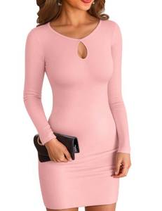 lot 2463 image: VICHYIE Women Dress Cutout Neck Bodycon Keyhole Ribbed Long Sleeve Tight Fall Mid Thigh Pencil Above Knee Mini Dresses Pink L