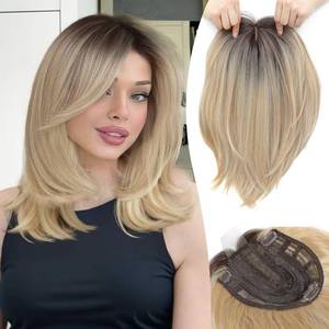 lot 2468 image: Ms Taj 12 Inch Hair Topper for Women with Thinning Hair, 6.5inx6.5in Large Base Synthetic Hair Topper with Bangs, Ladies-Ombre Blonde with Dark Root