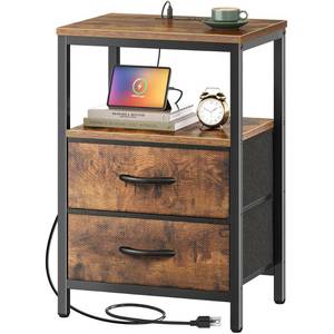lot 3977 image: Huuger Nightstand with Charging Station, Fabric Drawers, End Table with Open Shelf, Bedside Table with USB Ports and Outlets, Night Stand for Bedroom, Rustic Brown