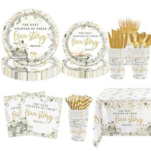 lot 5637 image: MEHOFOND 192 Pcs Next Chapter Bridal Shower Party Decorations-Next Chapter Love Story Bridal Shower Plates and Napkins, Book White Floral Plate Cup with Tablecloth for Wedding Bachelorette Engagement