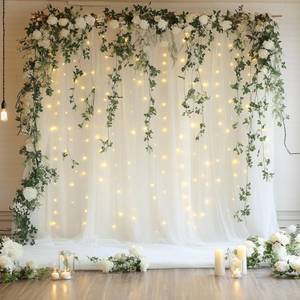 lot 5638 image: Xiomot Tulle Backdrop Curtain with Lights String 10FT X 8FT Ivory Sheer Tulle Backdrop Curtains for Wedding Birthday Party Reception Photo Booth Background Decorations (2 Panels 5x8FT)