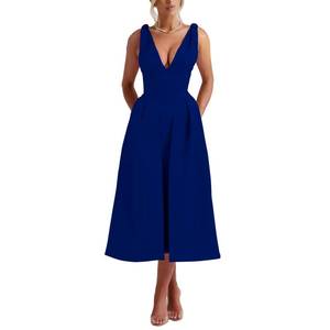 lot 5655 image: Puhrissimus Womens Sleeveless A-Line Swing Deep V Neck 1950s Retro Wedding Guest Cocktail Party Maxi Dresses Blue M