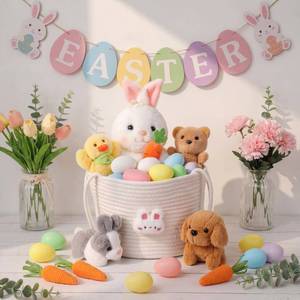 lot 5663 image: WinnerWhy 18 Pcs Easter Bunny Gift Basket Toys Easter Basket Plush Stuffers Bunny Rabbit Eggs Plush Animal Toy for Party Favor Picnic Decoration