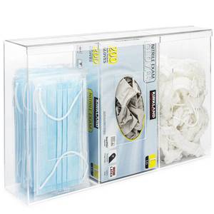 lot 5676 image: SimplyImagine Triple Clear Acrylic Glove Box Holder and Hygiene Dispenser Station with Dust Lid - Tabletop or Wall Mount Organizer for Face Masks, Wipes, and Tissues - Storage for Office Salon and Garage