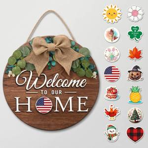 lot 5684 image: Interchangeable Seasonal Welcome Door Sign Front Door, Rustic Round Wreaths Wall Hanging outdoor Porch Decor for Housewarming Gifts, Welcome to Our Home Sign for Seasons Holiday
