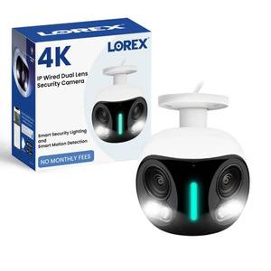 lot 5685 image: Lorex 4K 8MP IP Wired Dual-Lens Add-On Outdoor Security Camera  Smart Security Lighting  Motion Detection  180° Panoramic View  Auto Framing  Color Night Vision  2-Way Talk  Requires Recorder